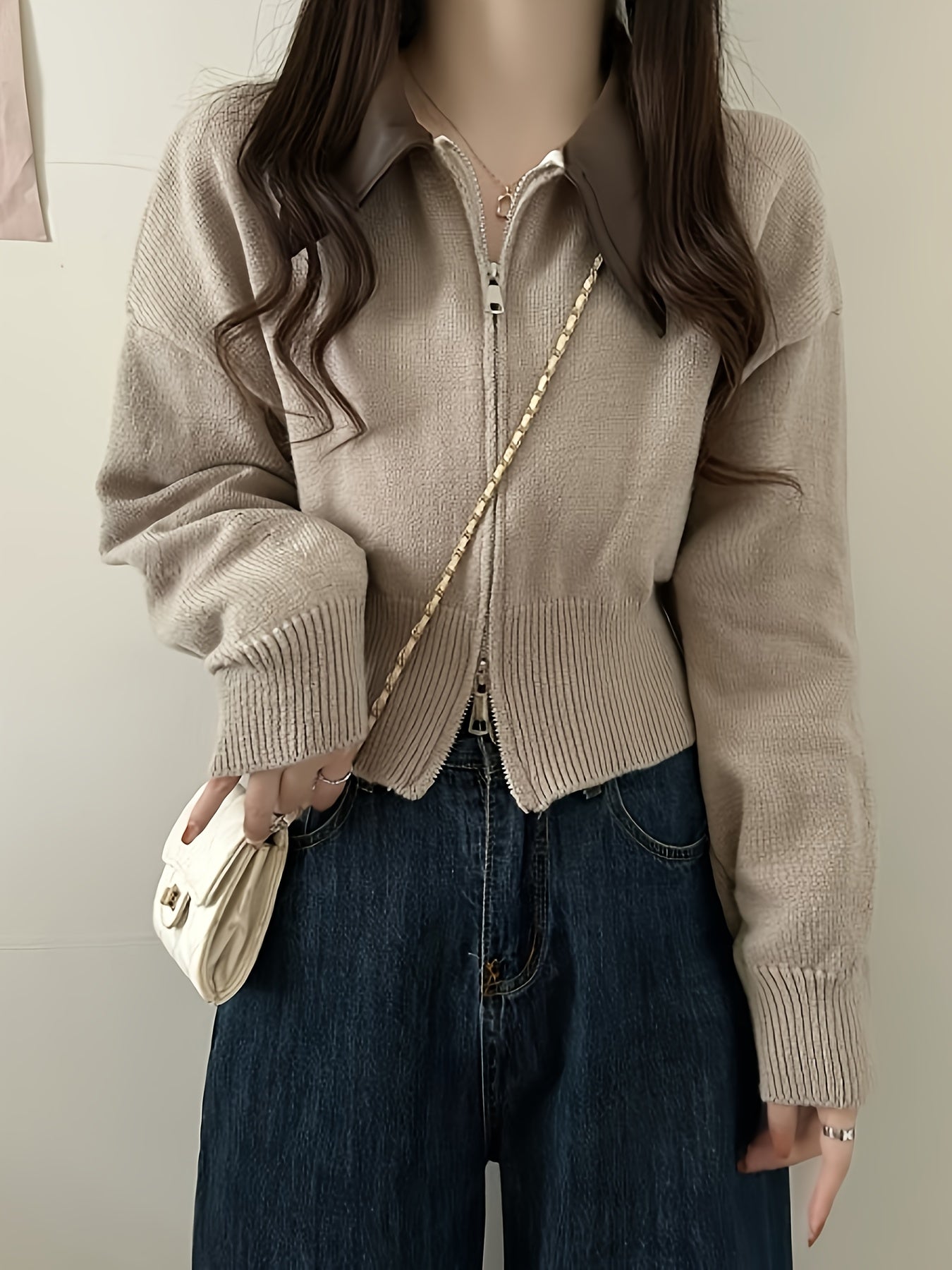 xieyinshe  Turndown Collar Zip Up Knit Cardigan, Casual Long Sleeve Drop Shoulder Sweater, Women's Clothing