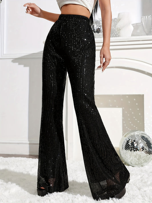 xieyinshe  Sequined Solid Flare Leg Pants, Elegant High Waist Fashion Pants, Women's Clothing