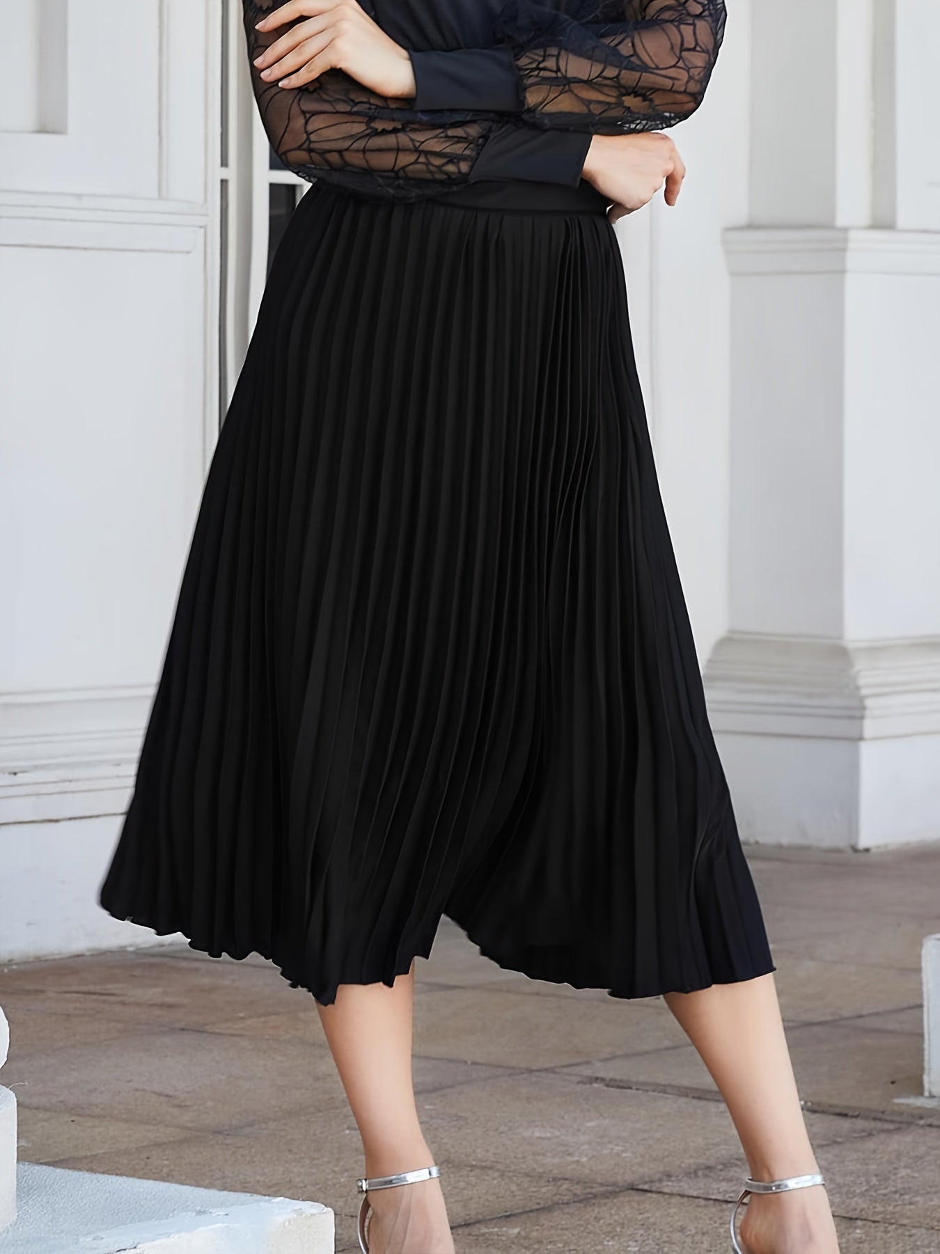 Elastic Waist Pleated Skirt, Casual Solid Skirt For Spring & Summer, Women's Clothing