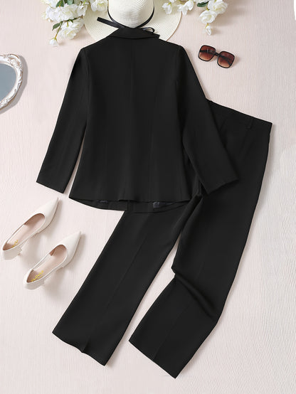 xieyinshe  Solid Elegant Two-piece Set, Lapel Neck Long Sleeve Blazer & Pants Outfits, Women's Clothing