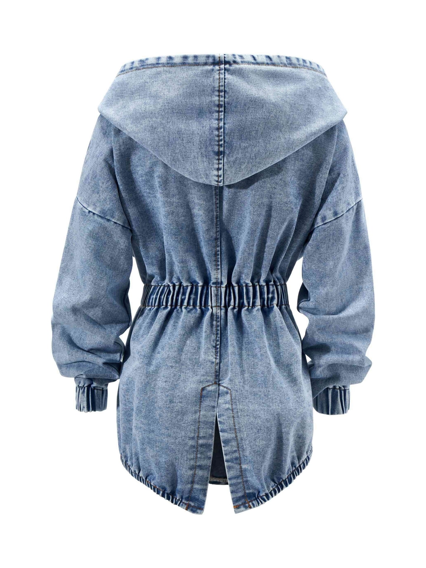 Belted Closure Elastic Band Cuff Denim Hooded Jackets, Elastic Belt Non Button Denim Coats, Women's Denim Jackets & Coats, Women's Clothing