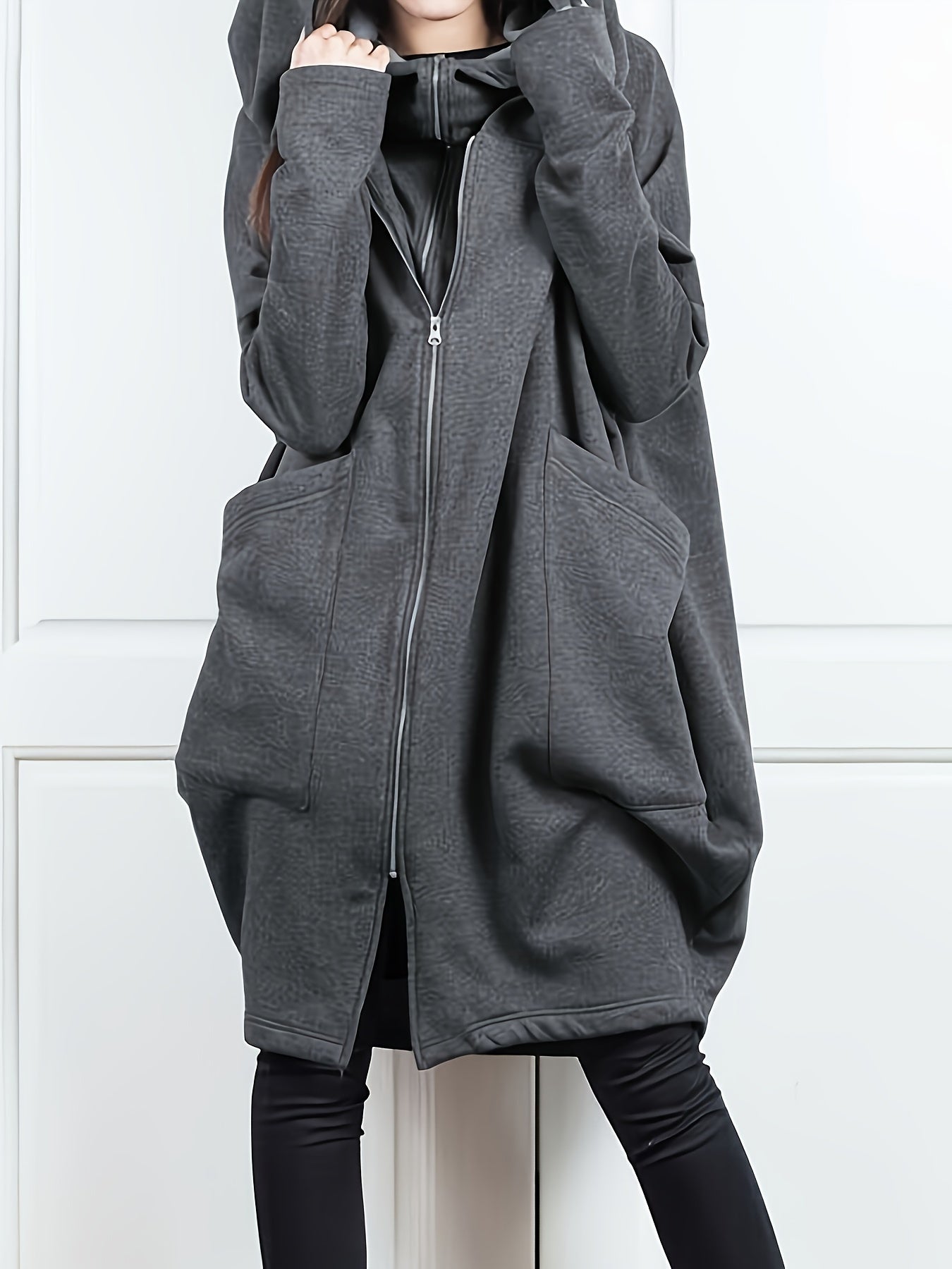 xieyinshe  Solid Knee Length Faux Twinset Hoodie, Casual Long Sleeve Dual Pockets Zip-up Hoodie Coat, Women's Clothing