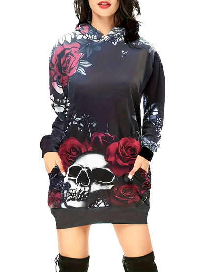 Skull & Flower Print Dress, Gothic Hooded Long Sleeve Mini Dress With Pockets, Women's Clothing