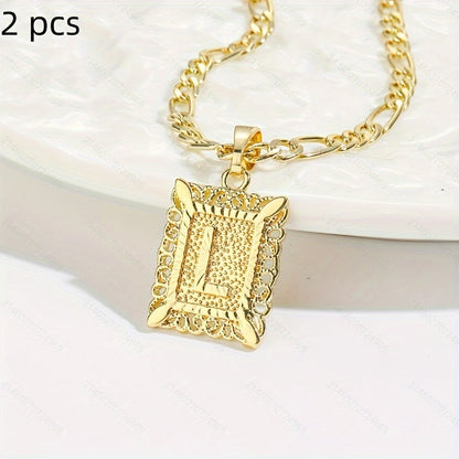 2 pcs Personalized Initial Letter Pendant Necklace - 18K Gold Plated Square Capital Monogram in Figaro Chain - Fashionable Alloy Necklace for Men and Women with A-Z Alphabet Options