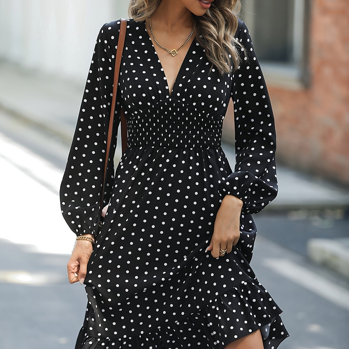 xieyinshe  Retro V-neck Ruffle Dress, Polka Dot Print Long Sleeve Waist Loose Summer Dresses, Women's Clothing