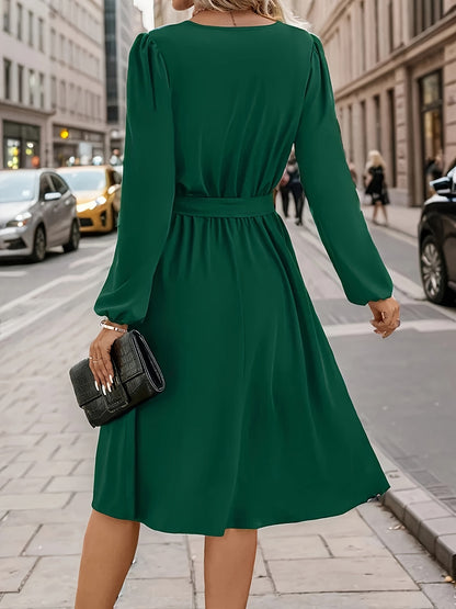 Solid Notched Neck Dress, Elegant Long Sleeve Knee Length Dress, Women's Clothing