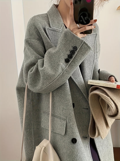 xieyinshe  Double Breasted Lapel Coat, Casual Long Sleeve Fall & Winter Outerwear, Women's Clothing