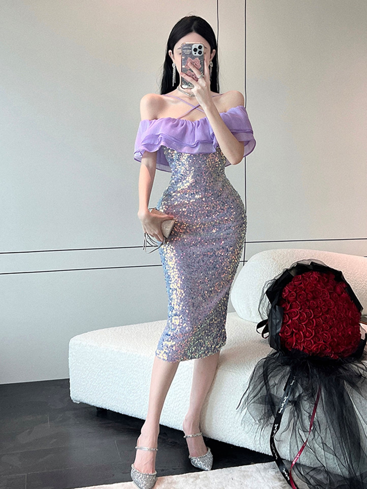 xieyinshe  Contrast Sequin Halter Neck Dress, Elegant Ruffle Trim Bodycon Dress, Women's Clothing