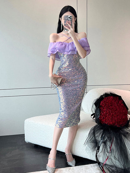 xieyinshe  Contrast Sequin Halter Neck Dress, Elegant Ruffle Trim Bodycon Dress, Women's Clothing