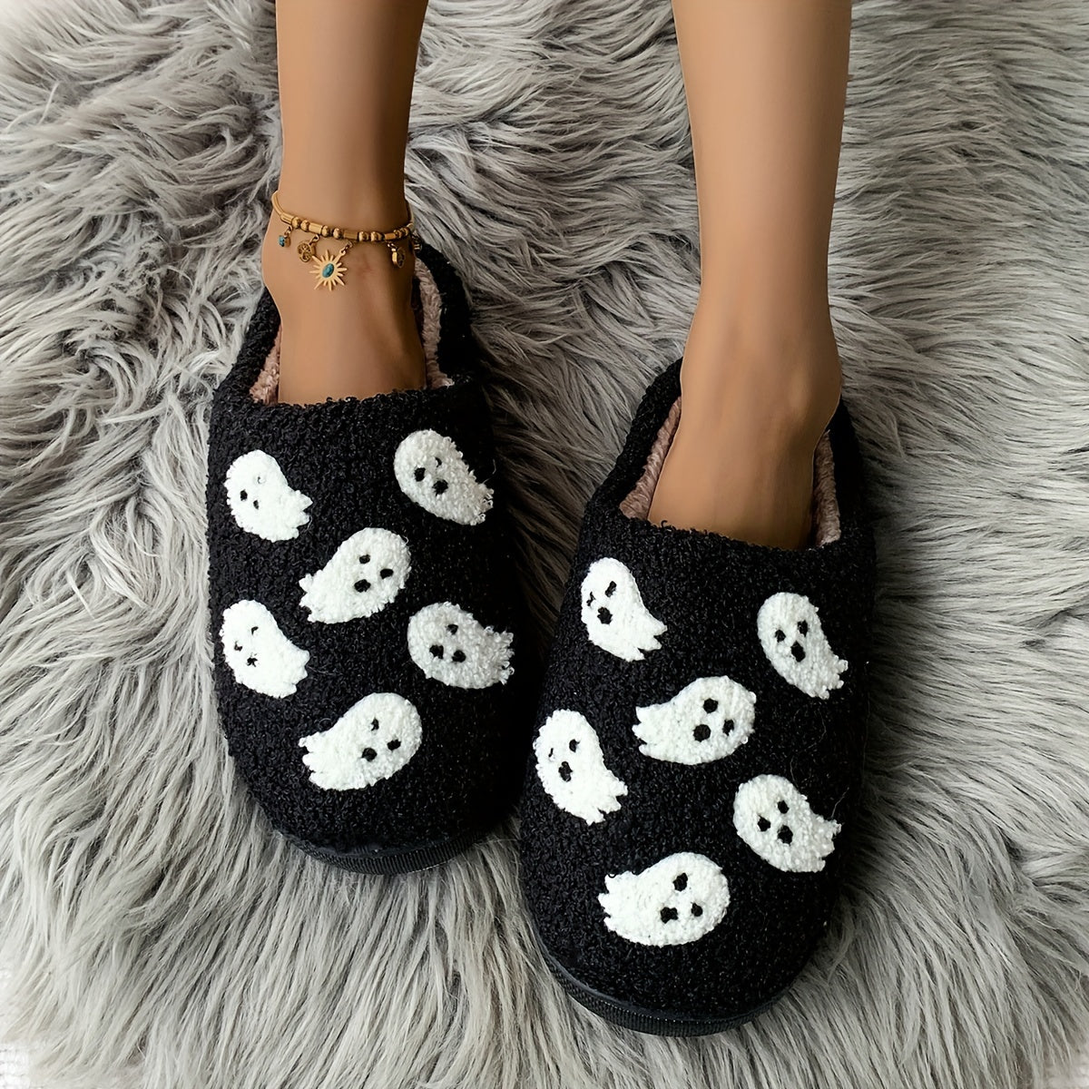 Halloween Ghost Pattern Slippers, Casual Slip On Plush Lined Shoes, Comfortable Indoor Home Slippers Suitable for winter