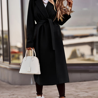 Plus Size Elegant Coat, Women's Plus Solid Long Sleeve Lapel Collar Longline Woolen Coat With Pockets