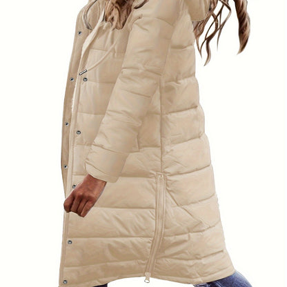 Button Front Hoodie Puffy Coat, Casual Long Sleeve Warm Outwear For Winter, Women's Clothing