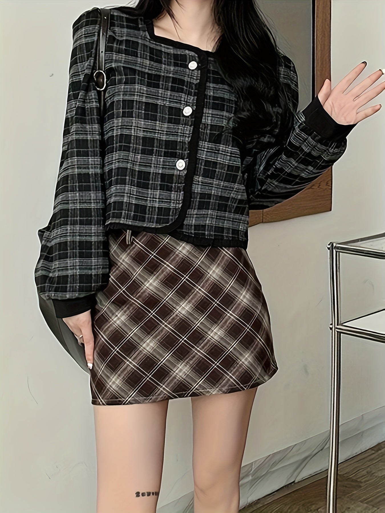 xieyinshe  Plaid Pattern Square Neck Shirt, Vintage Single Button Shirt For Spring & Fall, Women's Clothing