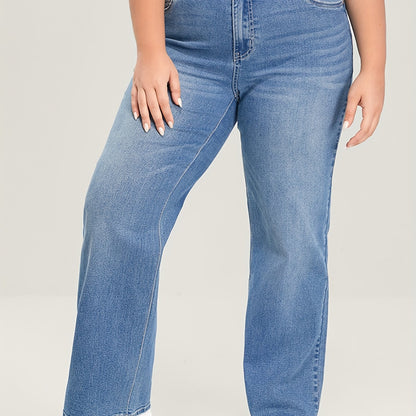 xieyinshe  Plus Size Basic Jeans, Women's Plus Washed Button Fly High Rise Medium Stretch Wide Leg Jeans