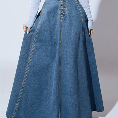 xieyinshe  Single-breasted Button Denim Midi Skirt, High Waist A-line Vintage Elegant Denim Skirts, Women's Denim Clothing