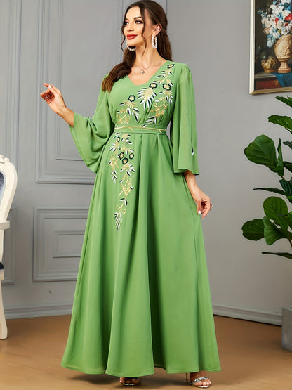 Floral Embroidered V Neck Belted Dress, Elegant Bell Sleeve Maxi Dress, Women's Clothing