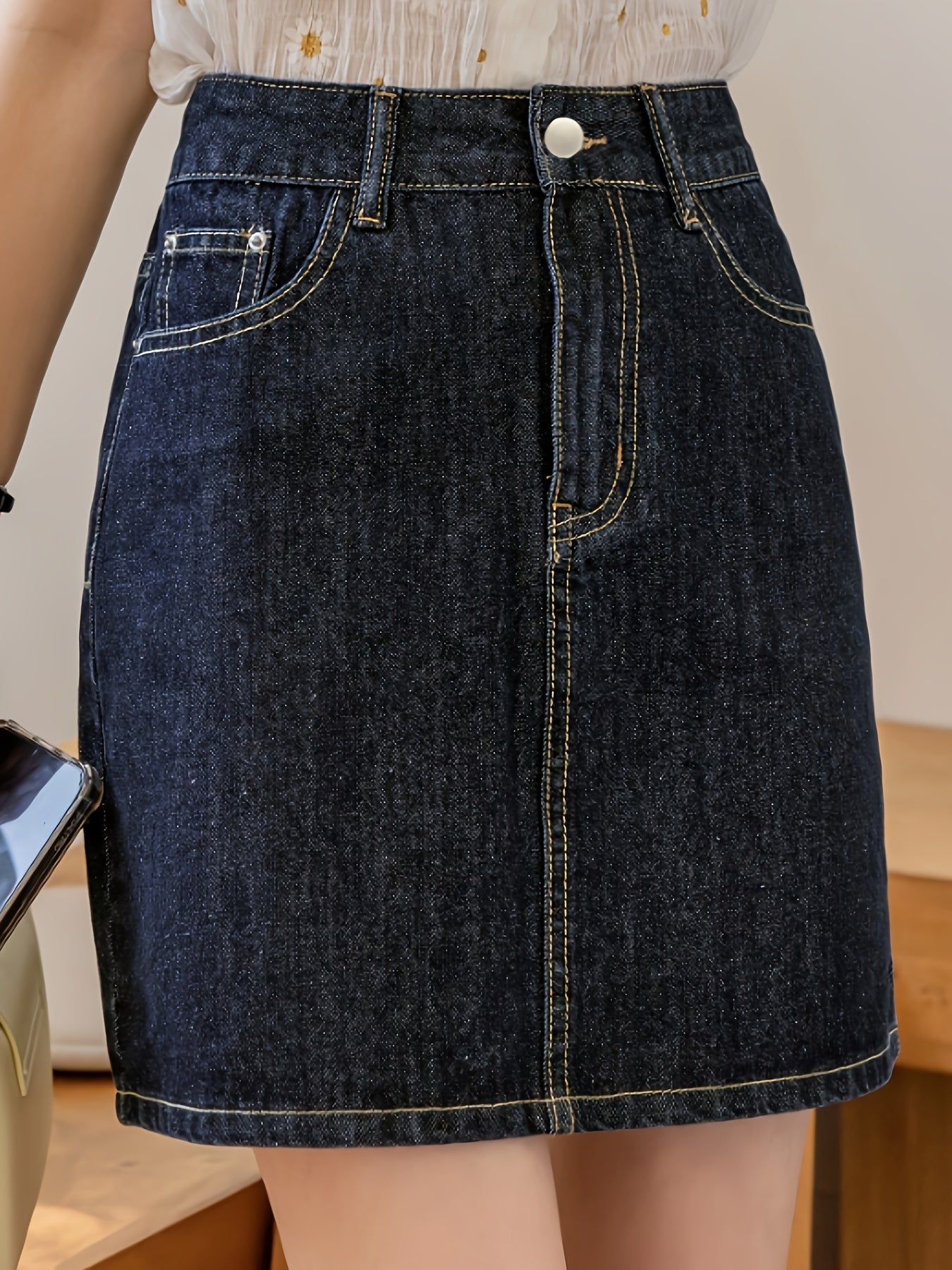 xieyinshe  Slash Pocket Washed Denim Skirts, Button Zipper Closure Loose Streetwear Denim Skirts, Women's Denim Clothing