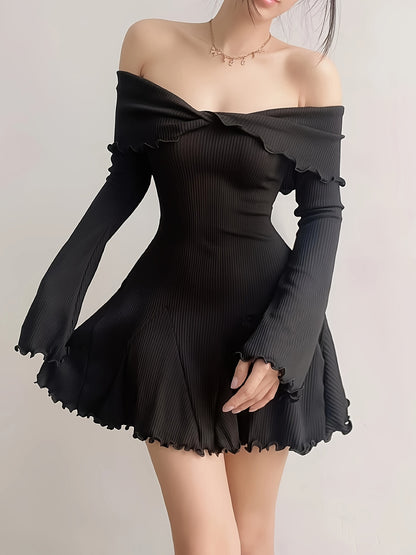 xieyinshe  Twist Front Off Shoulder Mini Dress, Elegant Long Sleeve A-line Dress, Women's Clothing