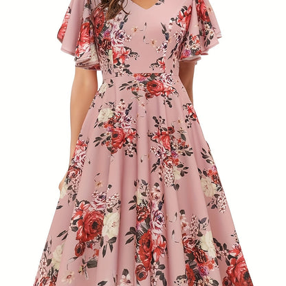 xieyinshe Floral Print Flutter Sleeve Dress, Casual V-neck Dress For Spring & Summer, Women's Clothing