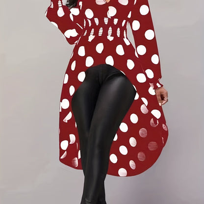 Asymmetrical Polka Dot Blouse, Long Sleeve V-neck Blouse, Casual Every Day Tops, Women's Clothing