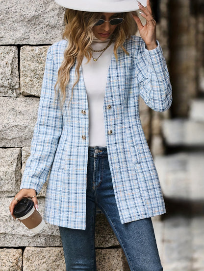 xieyinshe  Plaid Print Button Front Coat, Elegant Long Sleeve V Neck Tunic Jacket For Fall & Winter, Women's Clothing