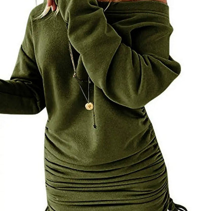 Solid Drawstring Pullover Sweatshirt Dress, Casual Ruched Long Sleeve Sweatshirt Dress, Women's Clothing