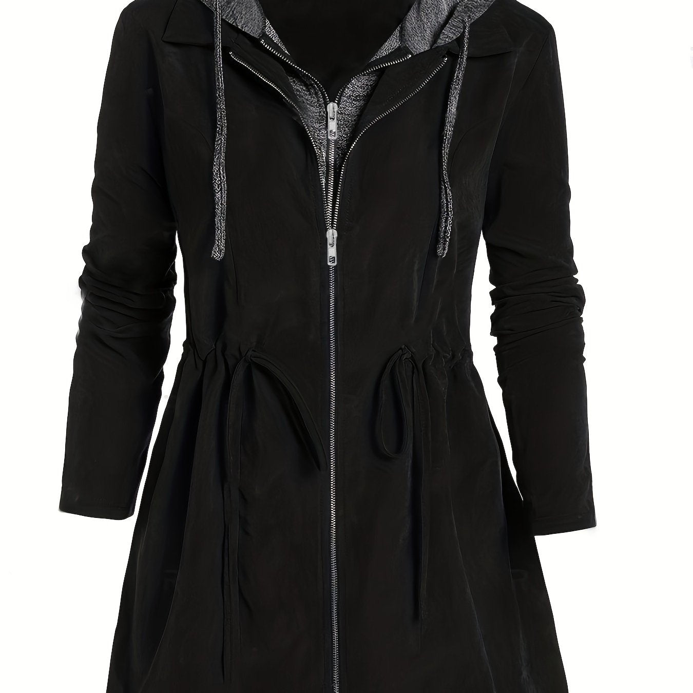 xieyinshe Plus Size Casual Coat, Women's Plus Colorblock Double Zip Up Long Sleeve Drawstring Nipped Waist Ruched Hooded Coat