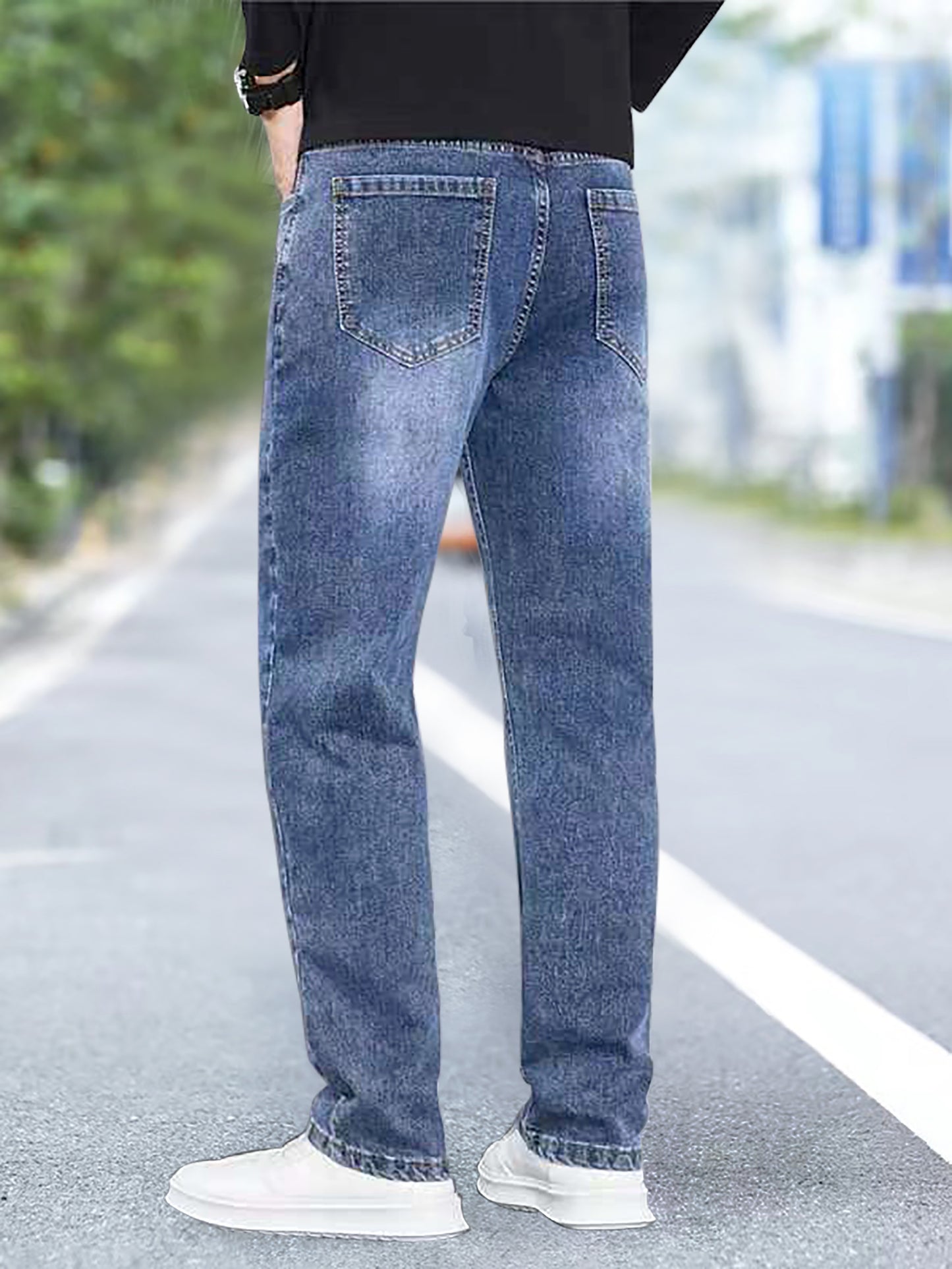 xieyinshe  Loose Fit Straight Leg Jeans, Men's Casual Street Style High Stretch Jeans For Fall Winter