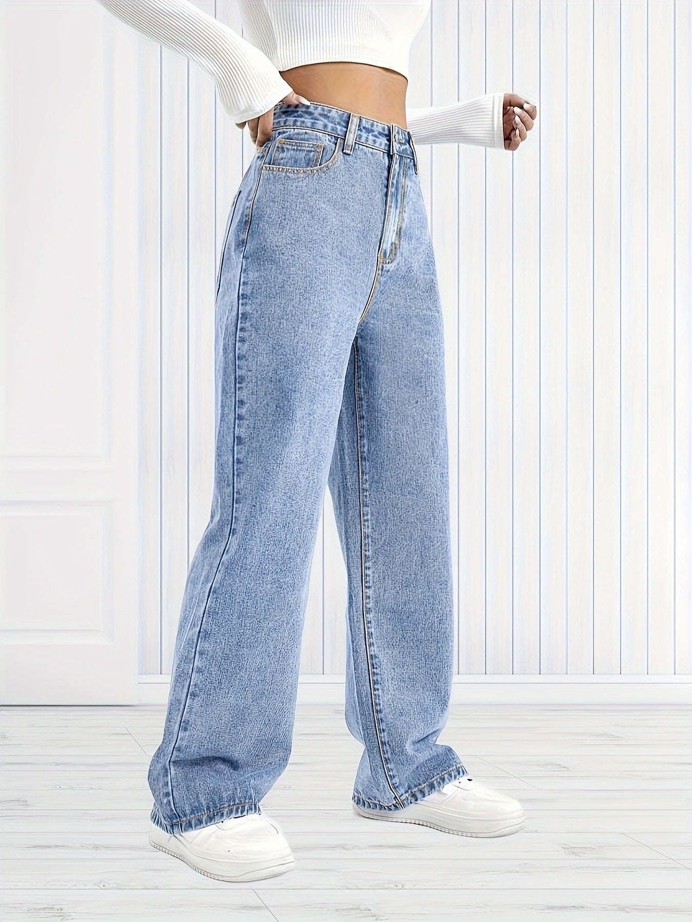 xieyinshe  Plain Washed Blue Wide Leg Jeans, Casual Slash Pocket Loose Fit Denim Pants, Women's Denim Jeans & Clothing