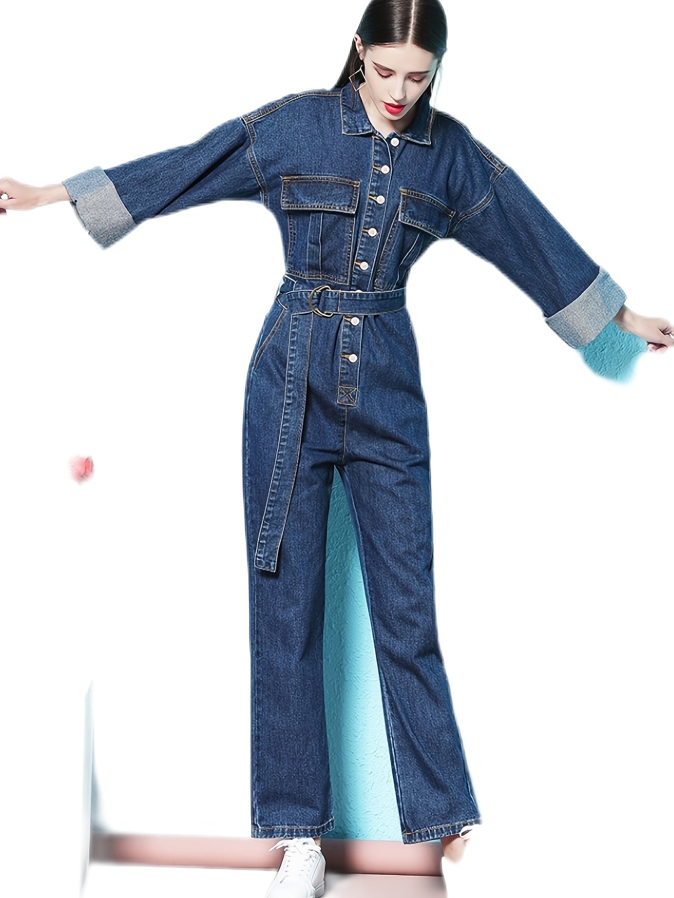 Blue Elastic Band Waist Denim Jumsuit, Long Sleeve Flap Pockets Loose Fit Closure Button Denim Overalls, Women's Denim & Clothing