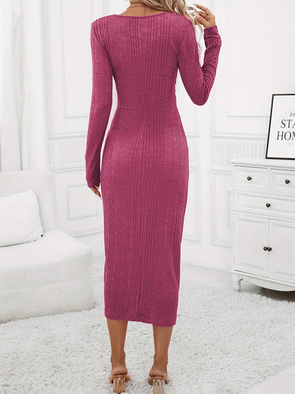 xieyinshe Solid Crew Neck Ruched Knitted Dress, Elegant Long Sleeve Split Bodycon Midi Dress, Women's Clothing