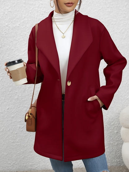 Solid One Button Overcoat, Casual Long Sleeve Outerwear With Pockets, Women's Clothing