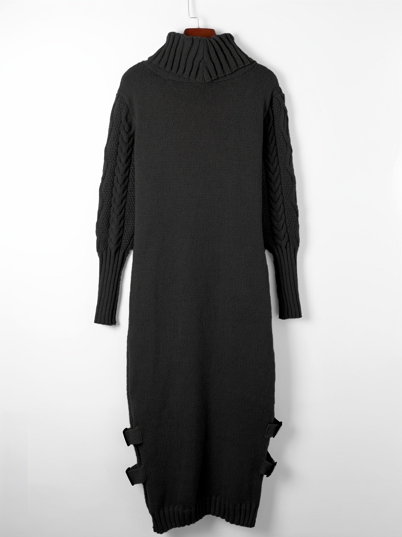 Turtleneck Cable Knit Sweater Dress, Elegant Long Sleeve Solid Dress, Women's Clothing