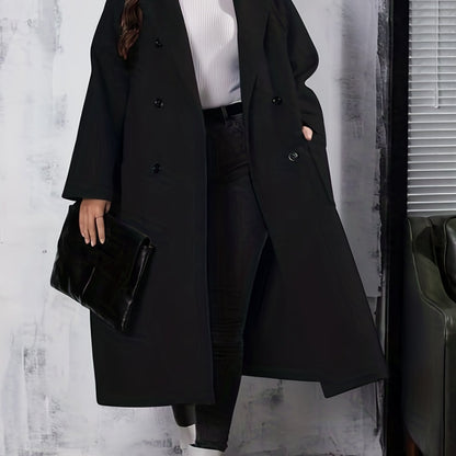 Plus Size Elegant Coat, Women's Plus Solid Long Sleeve Lapel Collar Double Breasted Button Up Trench Coat