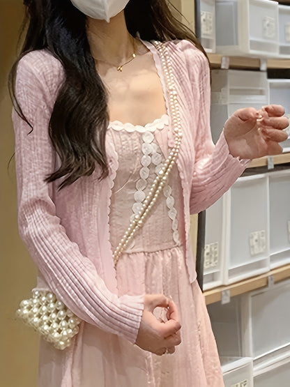 xieyinshe  Solid Ribbed Knit Simple Cardigan, Versatile Long Sleeve Cardigan For Spring & Fall, Women's Clothing