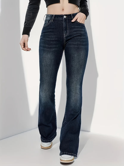 xieyinshe  Plain Whiskering Flare Leg Jeans, High Stretch Slash Pocket Elegant Denim Pants, Women's Denim Jeans & Clothing