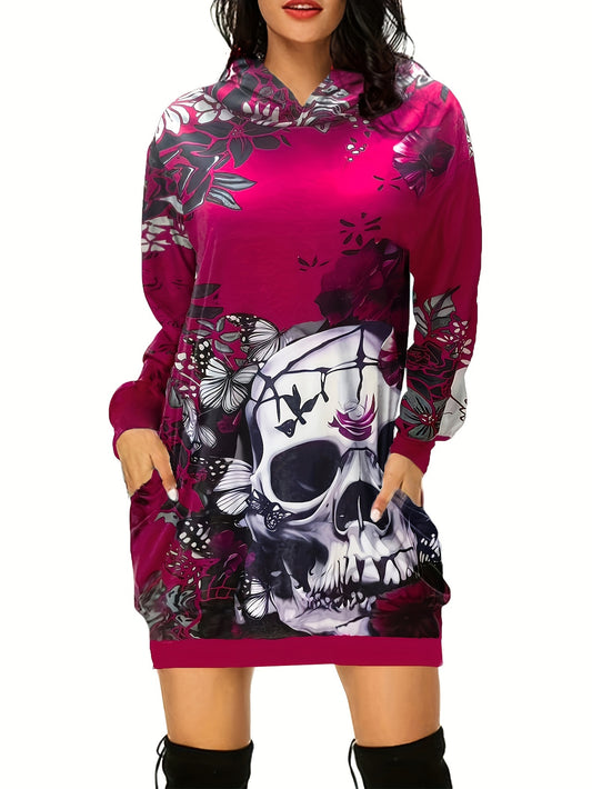 Skull & Flower Print Dress, Gothic Hooded Long Sleeve Mini Dress With Pockets, Women's Clothing