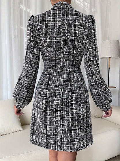 xieyinshe Plaid Print Mock Neck Dress, Elegant Lantern Sleeve Belted Dress, Women's Clothing