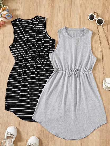 2PCS Teen Girls Fashionable Striped Sleeveless Tunic Dresses - Comfy & Breathable, Perfect for Summer Outings & Casual Wear