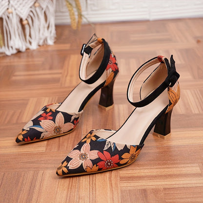 xieyinshe  Women's Flowers Pattern D'Orsay Pumps, Fashion Pointed Toe Ankle Strap Sandals, All-Match Elegant High Heels