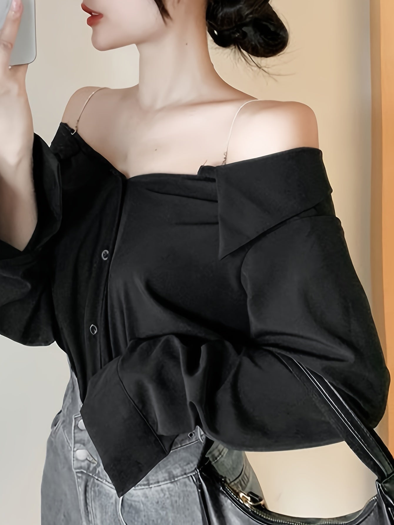 xieyinshe  Solid Off Shoulder Button Front Blouse, Casual Long Sleeve Blouse For Spring & Fall, Women's Clothing