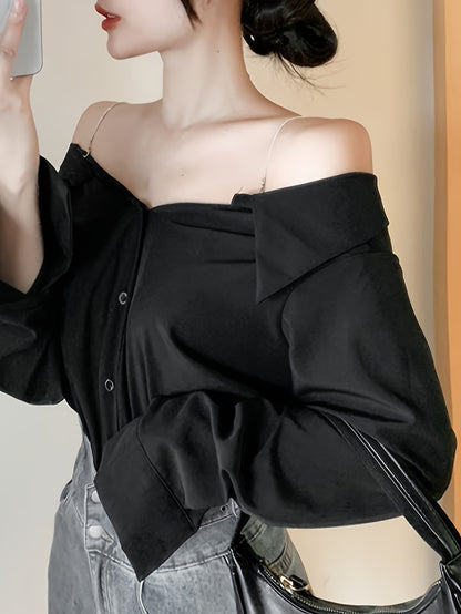 xieyinshe  Solid Off Shoulder Button Front Blouse, Casual Long Sleeve Blouse For Spring & Fall, Women's Clothing