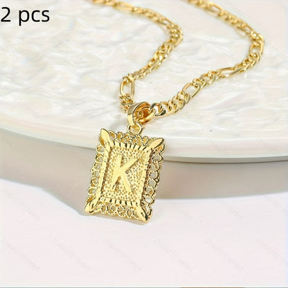 2 pcs Personalized Initial Letter Pendant Necklace - 18K Gold Plated Square Capital Monogram in Figaro Chain - Fashionable Alloy Necklace for Men and Women with A-Z Alphabet Options