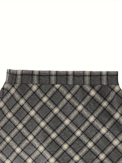 xieyinshe  Plus Size Elegant Skirt, Women's Plus Plaid Print Elastic Woolen A-line All-match Skirt