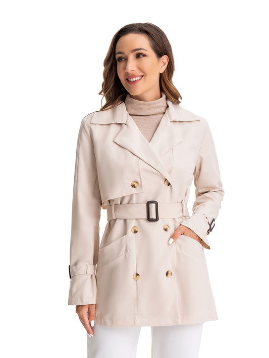 xieyinshe  Double Breasted Long Trench Coat, Long Sleeve Windproof Classic Lapel Slim Belted Outerwear, Women's Clothing