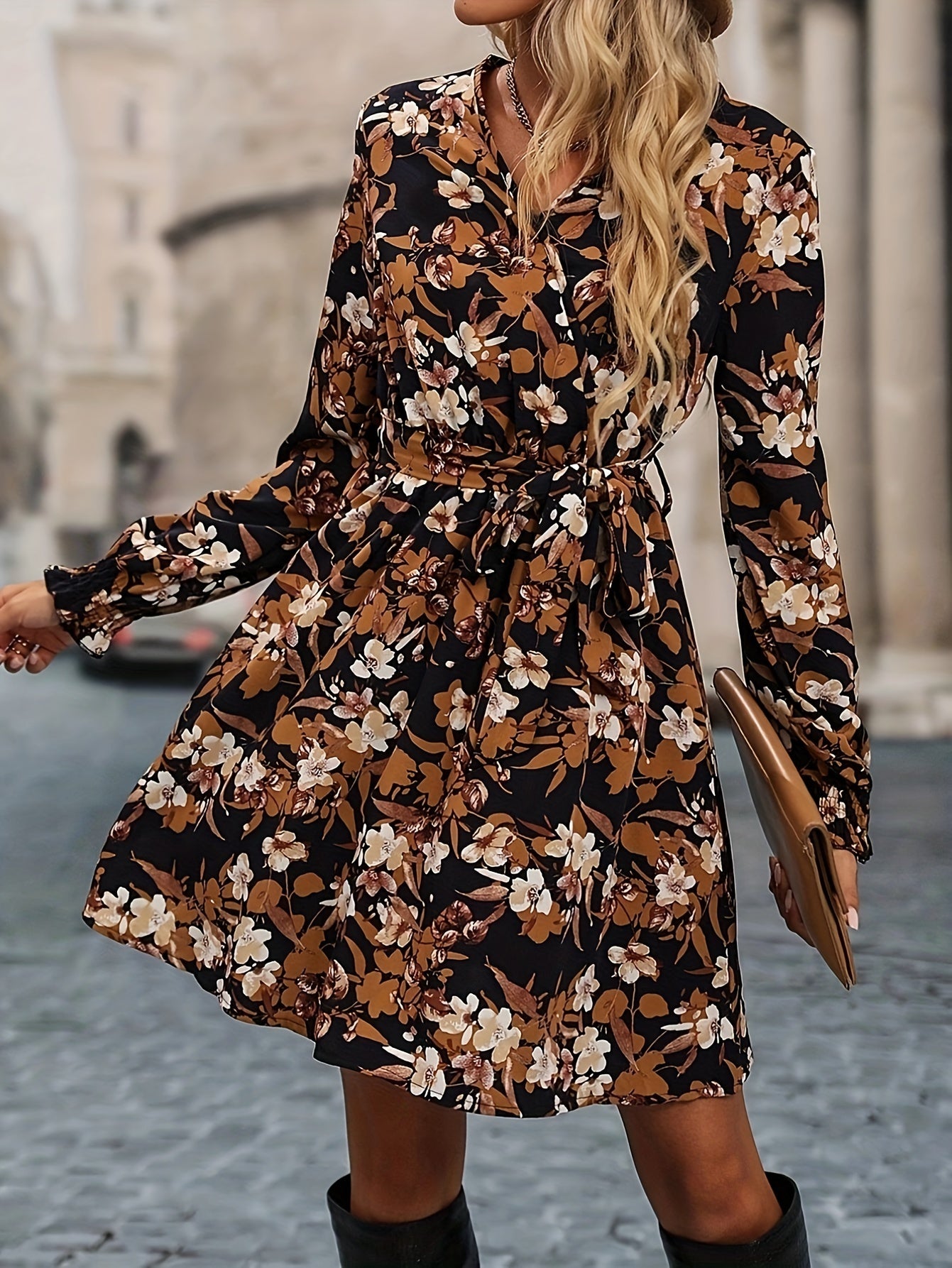 Floral Print Shirred Lantern Sleeve Dress, Casual V Neck Tie-waist Dress, Women's Clothing