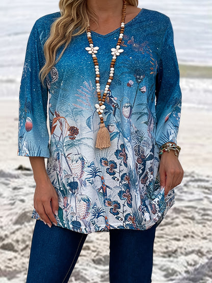 Plus Size Elegant Tunic Top, Women's Plus Galaxy & Floral Print V Neck Slight Stretch T-shirt