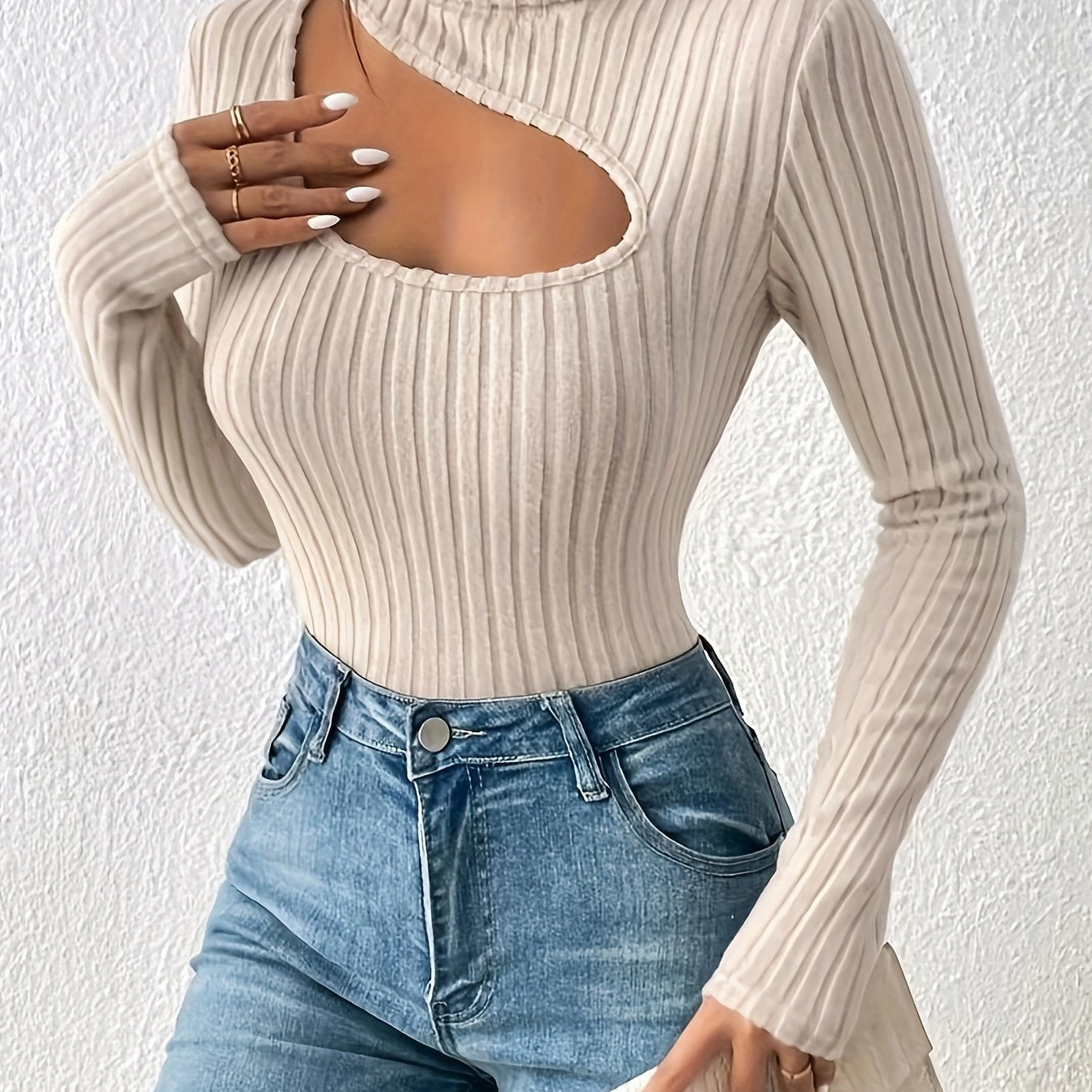 xieyinshe Solid Ribbed Cut Out T-Shirt, Casual Turtleneck Long Sleeve Top For Spring & Fall, Women's Clothing