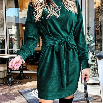 Solid Velvet Long Sleeve Dress, Tie-waist Mock Neck Dress, Women's Clothing