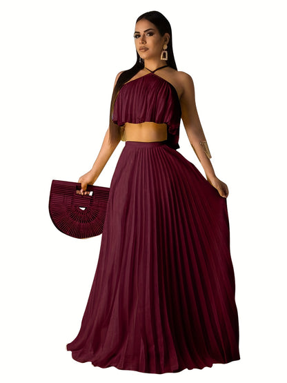 xieyinshe  Solid Pleated Two-piece Set, Spaghetti Sleeveless Top & High Waist Maxi Skirts Outfits, Women's Clothing